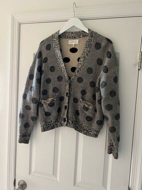 THE GREAT. Gray and Black Polka Dot V-Neck Cardigan